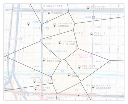 ボロノイ図の例（コンビニの縄張り）